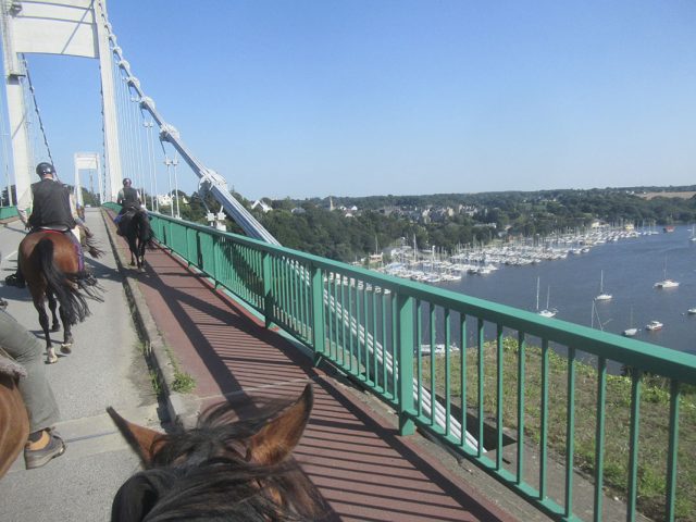 Randonnée équestre dans le Morbihan et jusqu'au Pays de Retz, traversée de la Vilaine sur le pont suspendu de La Roche Bernard